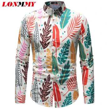 

LONMMY Hawaiian shirt men Leaves print Long sleeve mens shirts casual slim fit blouse men clothing camiseta masculina 2018 New