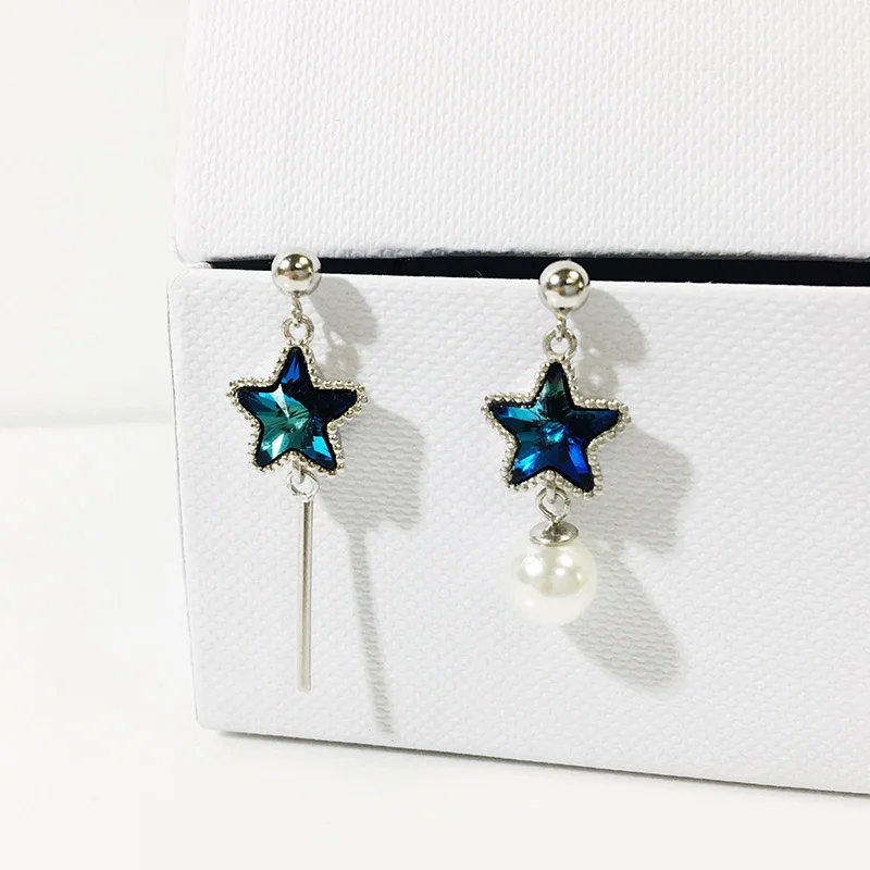 

2019 new 925 silver asymmetric pearl and blue five-pointed star crystal earrings for fashion women gifts on free shipping