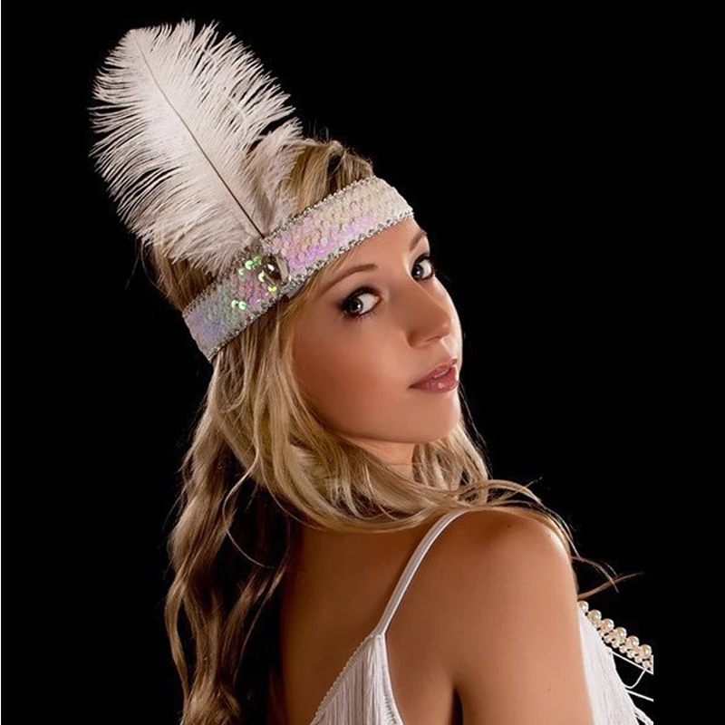 

12 PCS Women Sequin Flapper Headband 1920s Charleston Dress Costume Ostrich Feather Head Band Indian Dance Hair Accessories