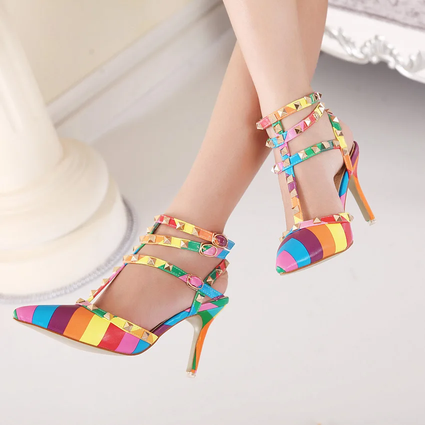 New Design 2015 Fashion Summer Womens Rainbow Rivet High Heels Ladies Pumps Pointed Heel Sandals 5254 | Обувь