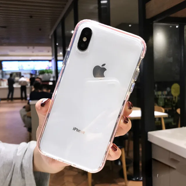 Цветной прозрачный чехол для iPhone X, XR, XS, 11 Pro MAX, 7, 8, 6s, 6 Plus, прозрачный двухслойный Мягкий ТПУ силиконовый чехол - Цвет: Pink