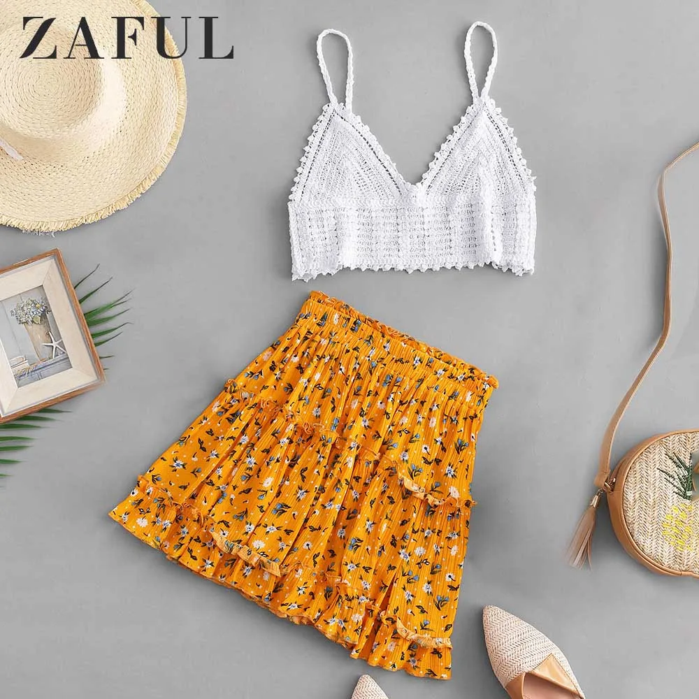 Женский топ на бретельках ZAFUL кружевной кроп с высокой талией и цветочным