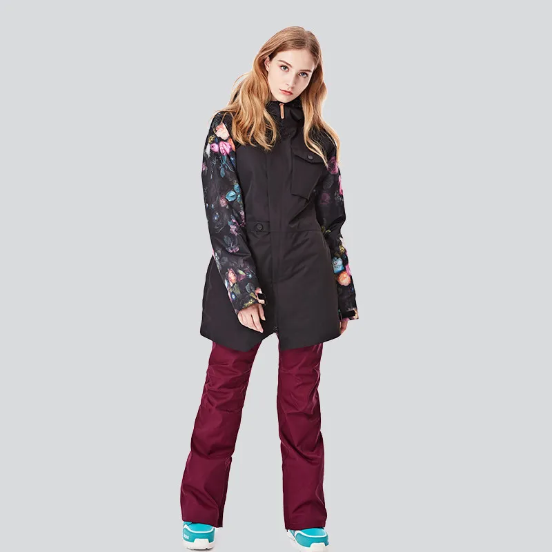 Женские лыжные брюки, куртка с цветочным принтом, рукава для сноуборда, костюмы для снежной доски, пальто и брюки, зимняя куртка, брюки