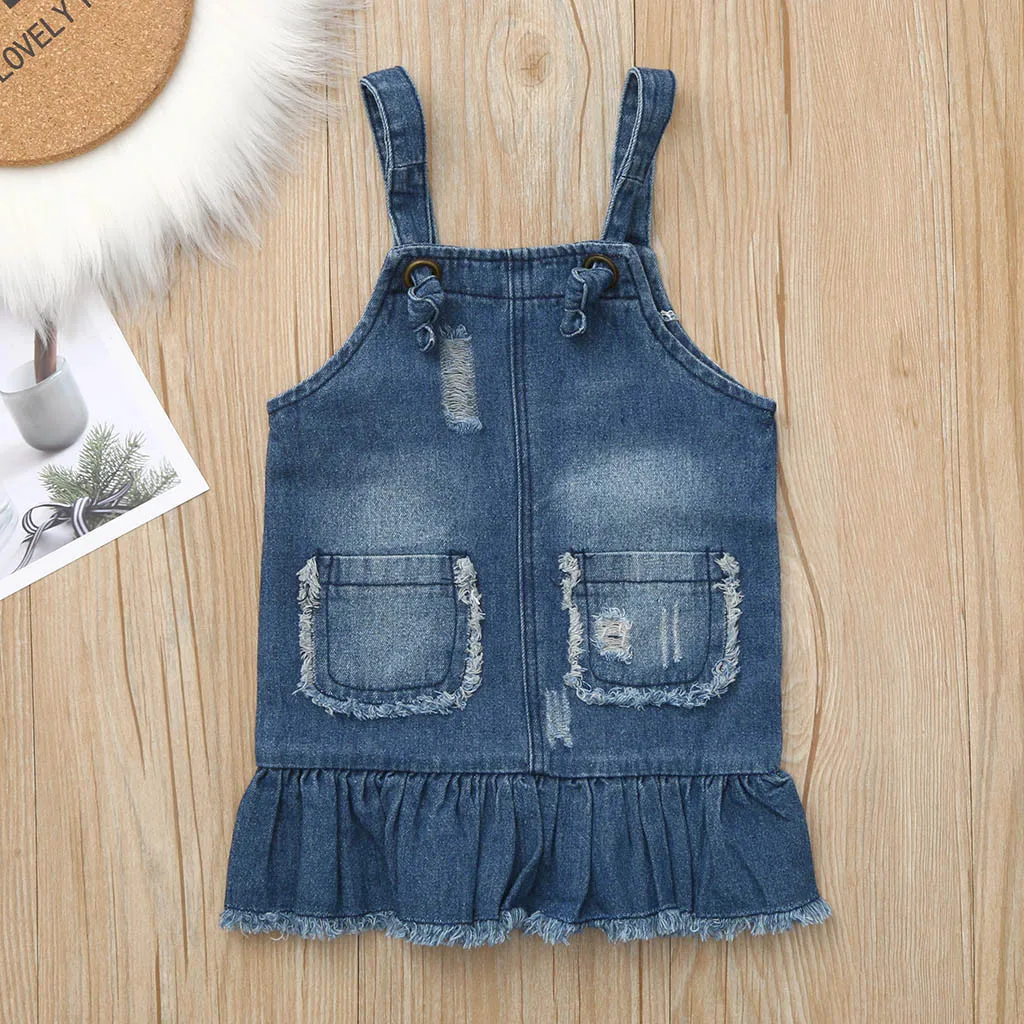 

2019 Toddler Kids Denim Overalls Dress For Girls Sleeveless Solid Casual Dresses With Pockets Cool Children Hole Jean Dress