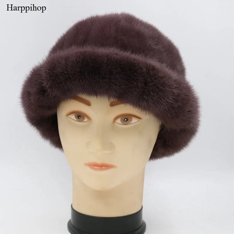 Шапка Harppihop s натуральный мех норки, шапка, модная женская шапка для девушек, шапочки, утолщенная, сохраняющая тепло
