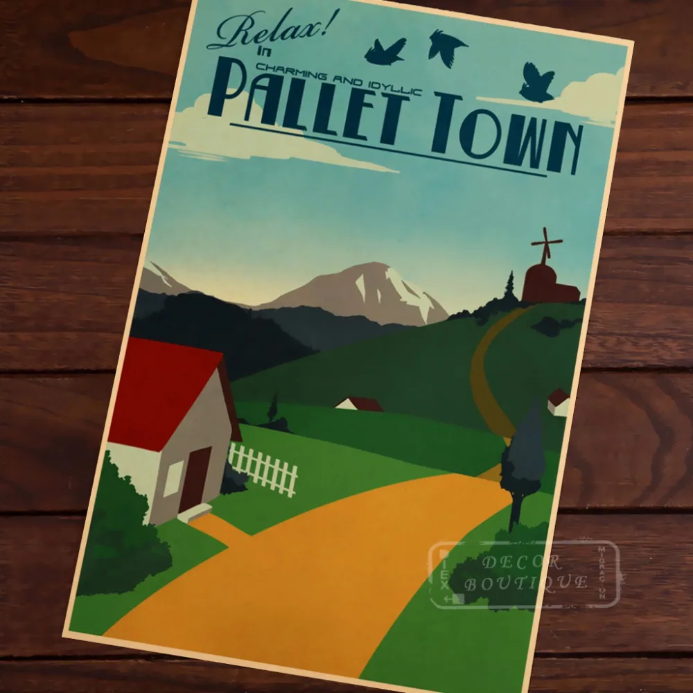Charming Idyllic Pallet Town Map Classic Vintage Retro Kraft Decorative