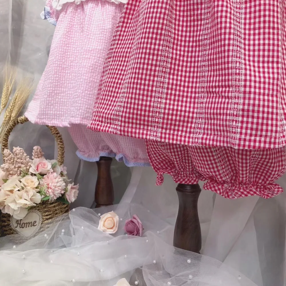 Летний комплект одежды для маленьких девочек, красный и белый клетчатый комплект одежды для малышей с вышивкой клубники
