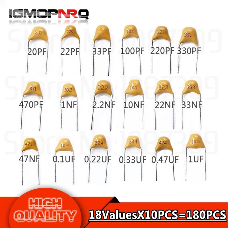 20PF 105(1UF) 50V 18ValuesX10pcs=180pcs Mono Monolithic Capacitors