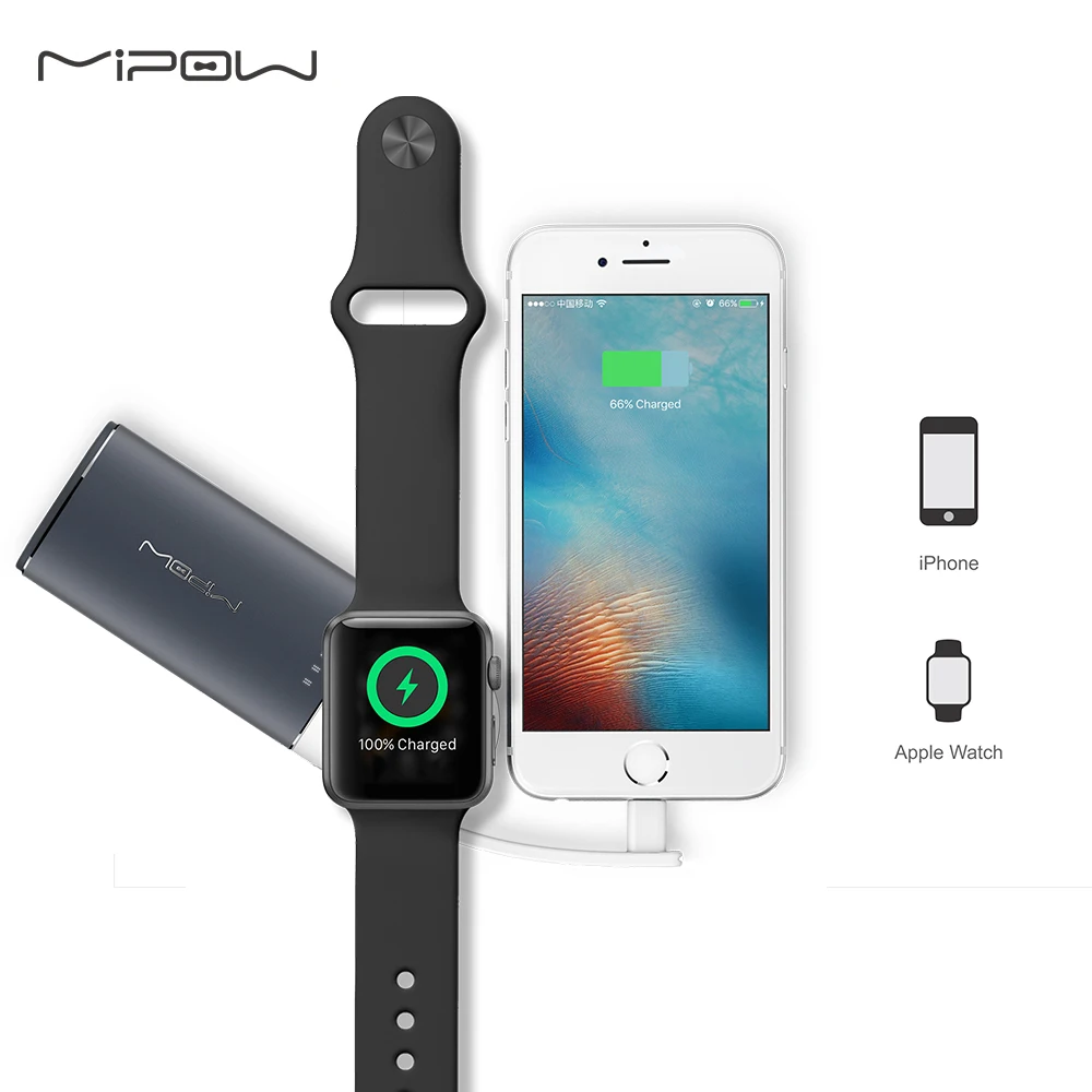  MIPOW Wireless Charger for Apple Watch Portable Power Bank with Built-in Lightning Cable for iPhone