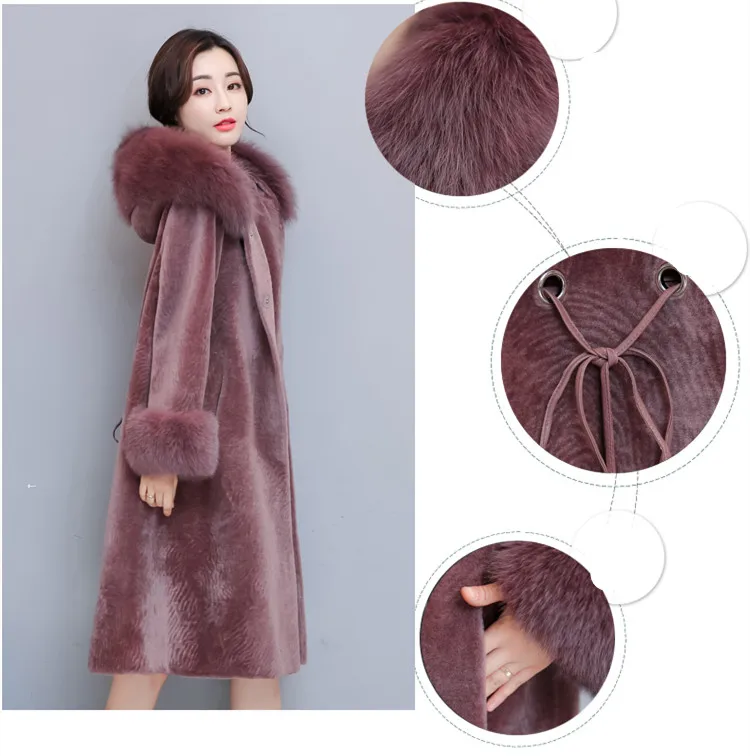 2019 High Quality Elegant For Women Faux Fur Coat  Winter Long Section Haining Fur Coat Hooded Sheep Shearing Coat Female  (3)