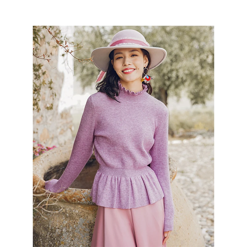 

INMAN 2019 Winter New Arrival Female Wooden High Collar Fit Slim Elegant Pullover Sweater