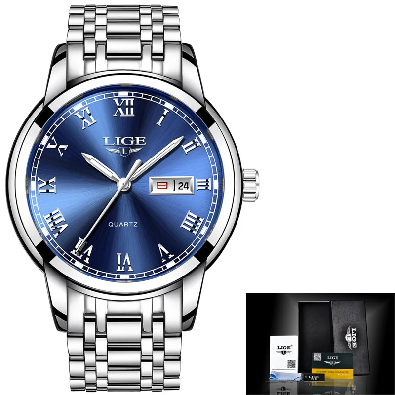 LIGE Топ люксовый бренд мужские спортивные часы мужские повседневные полностью Стальные наручные часы с датой Мужские кварцевые часы relogio masculino - Цвет: silver blue steel