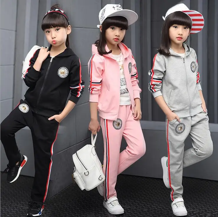 Cotton Sports Suits Hooded Kinderkleding Meisjes Sets Simple Size Ribbon Kids Clothes Girls Two-piece Zipper Cardigan Pants