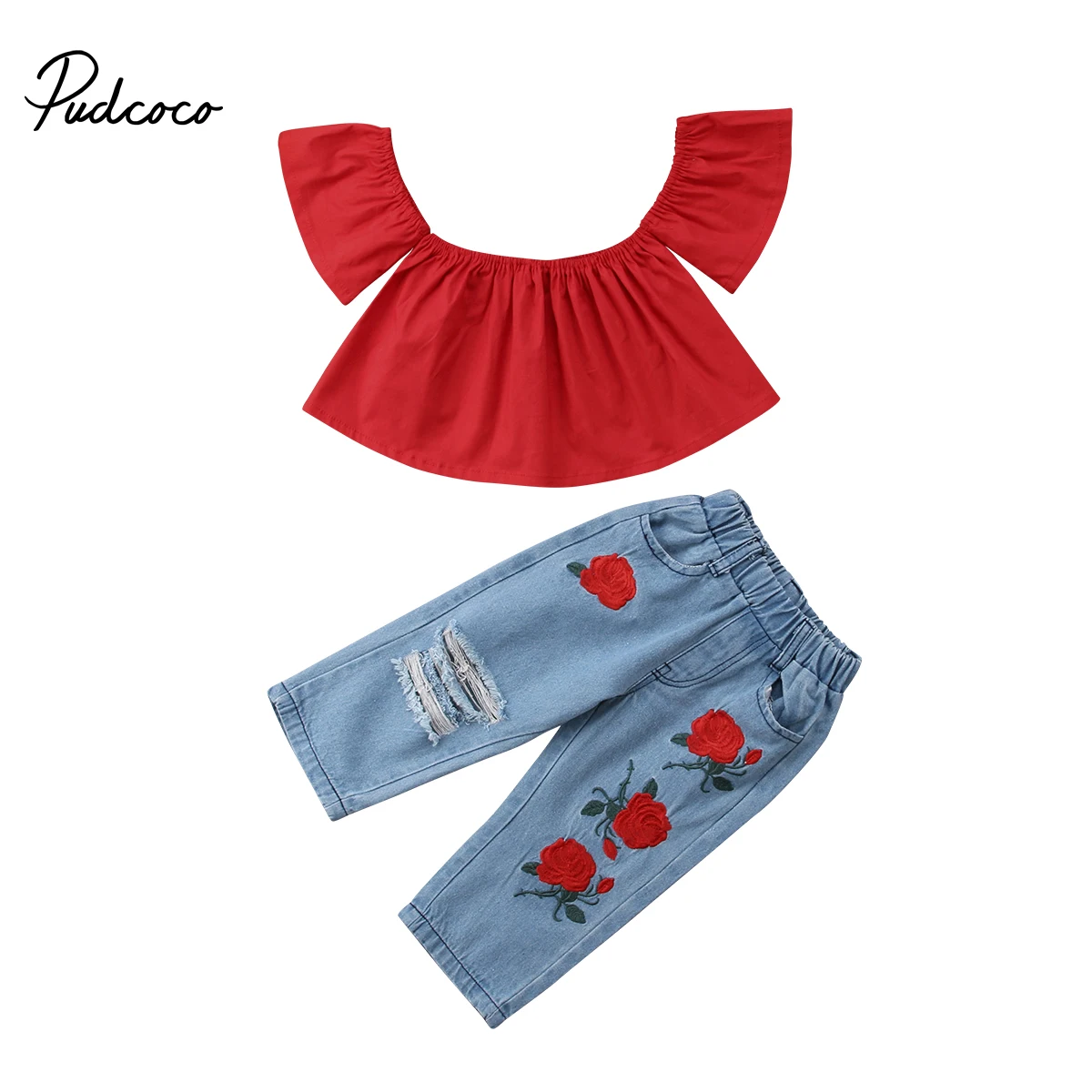 

Toddler Kids Girls Outfit Off Shoulder Tops+Ripped Denim Pants 2Pcs Summer Set Clothes