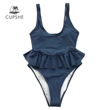CUPSHE, морской синий баска, открытая спина, сдельный купальник, женский, u-образный вырез, гофрированный, высокая нога, монокини,, для девушек, пляжный, Одноцветный, купальник