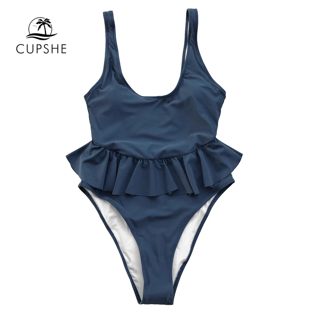 

CUPSHE Ocean Blue Peplum Backless One-piece Swimsuit Women U-neck Ruffle High Leg Monokini 2019 Girl Beach Solid Swimwear