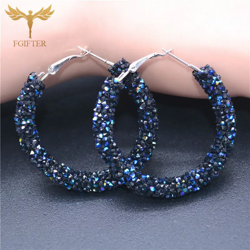 Blue Crystal Round Earrings for Women 48mm Big Hoop Earrings Gold Silver Color Cuff Hoops Woman Earrings Circles Jewelry - Окраска металла: Dark Blue Silver