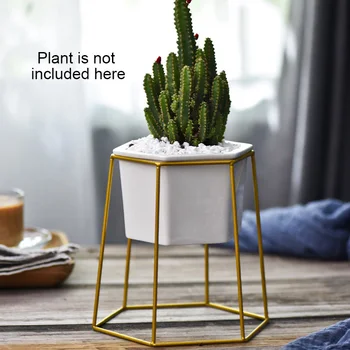 

White Ceramic Flower Pot with Black Iron Rack Modern Garden Indoor Balcony Desktop Decorative Small Geometric Planter Holder
