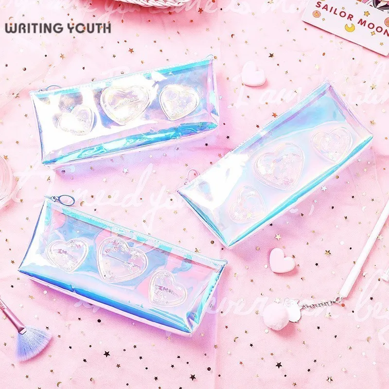 

Laser Solid Color Transparent Pencil Case Quality PU Pencilcase School Cute Pencil Box