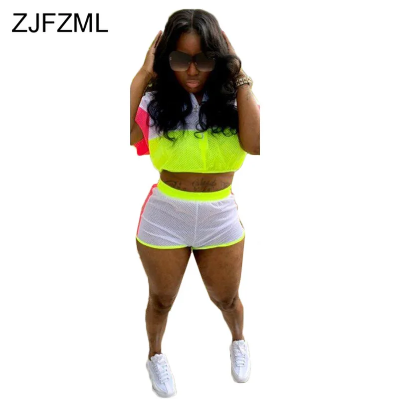 

Neon Color 2 Piece Club Outfits Summer Suits For Women Front Zipper Short Sleeve Crop Top And Biker Shorts Two Pcs Matching Set