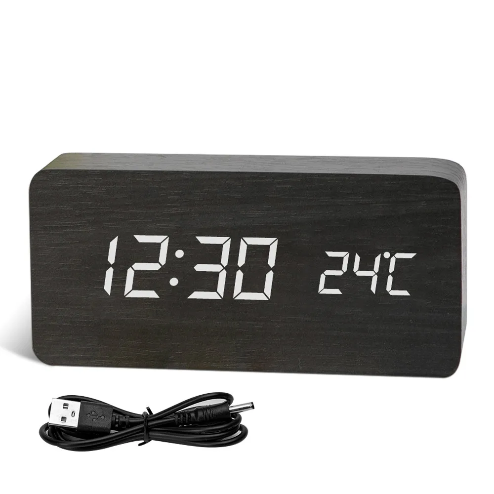 Кубические деревянные часы цифровой светодиодный Настольный будильник термометр управление звуками светодиодный дисплей календарь BestSelling2018Products - Цвет: C-Black wood white