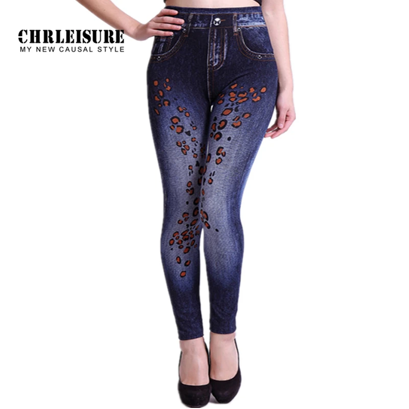 

CHRLEISURE S-XL Women Leggings Leopard Dots High Elastic Imitation Jeans Pattern Slim Denim Pants Trousers Soft Cotton Leggings