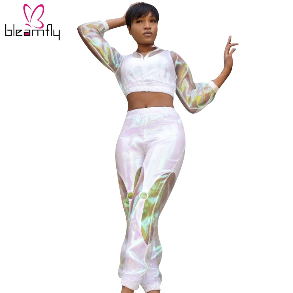 

2019 Women Summer Autumn Two Piece Set Double Perspective Crop Top + Pants Suit Fashion Sportwear Tracksuit See Through Outfits