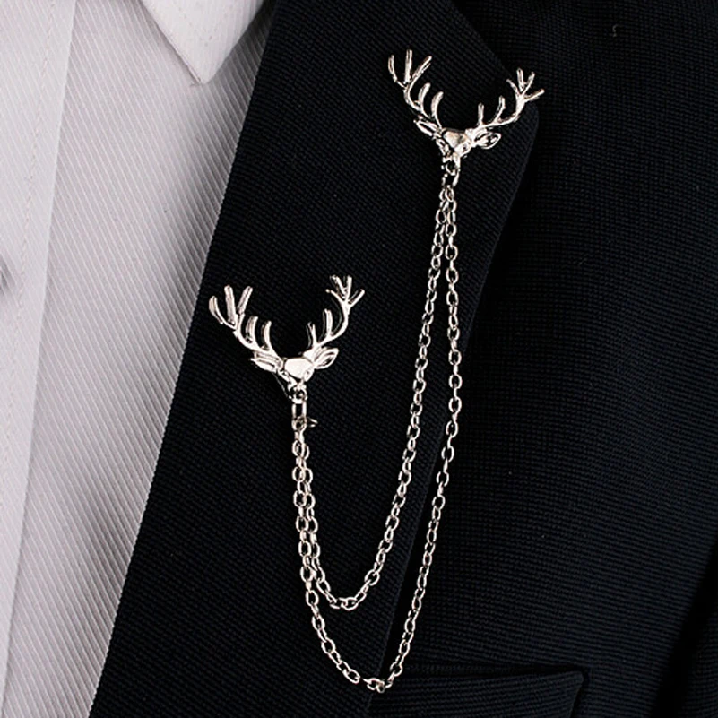 

Hot Unisex Deer Head Elk Gold / Silver Tips Double Link Chains Tassels Collar Pins Brooch Clip Pin Brooches