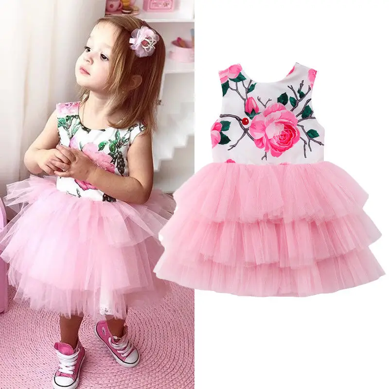 

0-5Y Summer Princess Sweet Toddler Baby Girls Dress Sleeveless Floral Print Backless Bow Lace Patchwork Knee-Length Tutu Dress