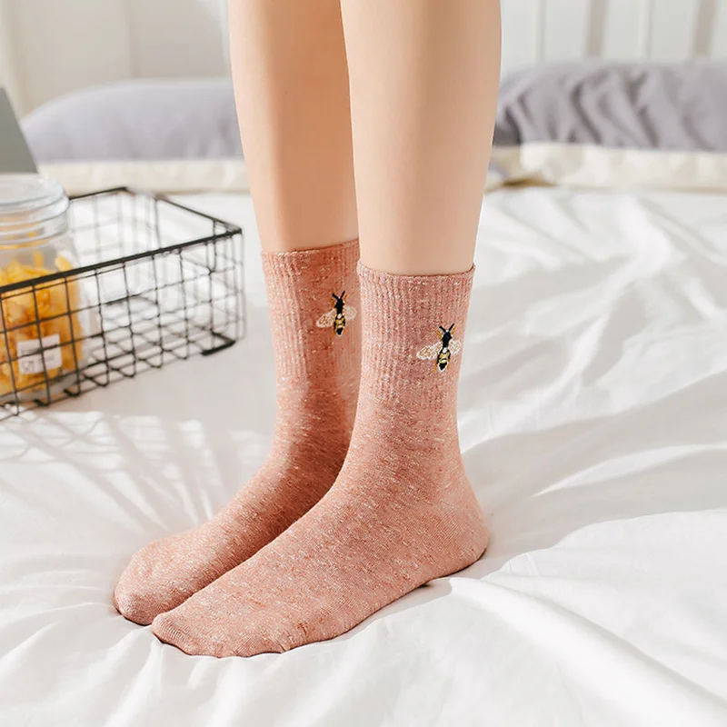 Bee Embroidery Women Socks Cotton Female Fashion Solid Color Harajuku Cute Funny Socks Warm Winter Short Socks