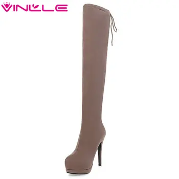 

VINLLE 2020 Women Shoes Over The Knee Boots Square High Heel Elastic band Black Pointed Toe Ladies Motorcycle Shoes Size 34-43