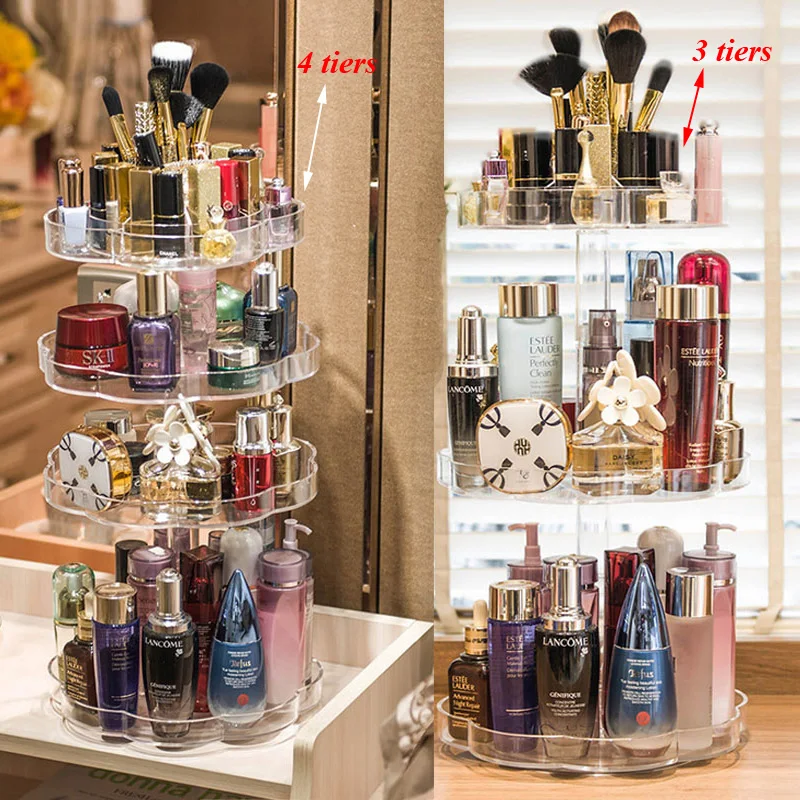 

Clear Acrylic 3/4 layers tiers Makeup organzier shelf 360 degree rotating Cosmetic storage rack large capacity storage box