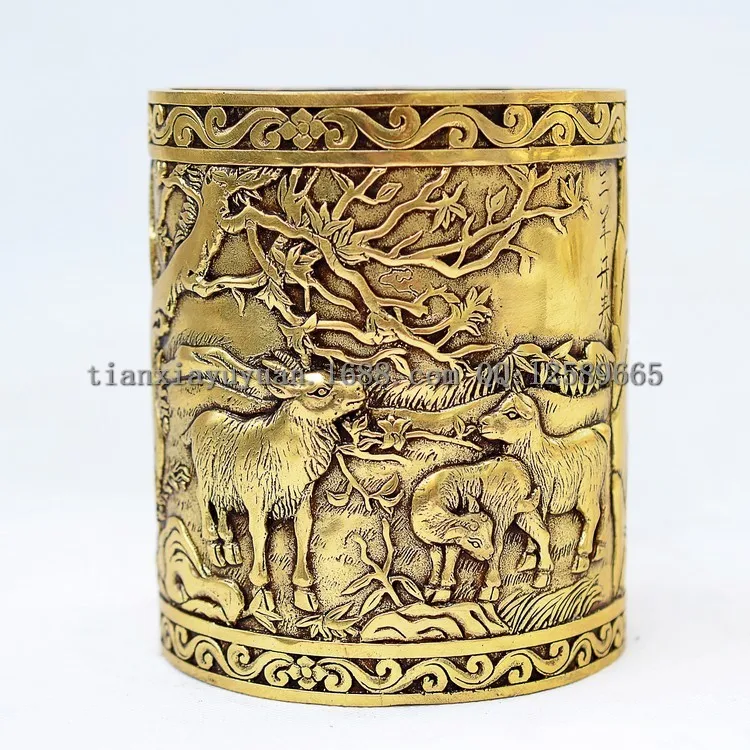 Traditional Chinese Bronze Statue Crane Pencil Vase Home Decor Brass