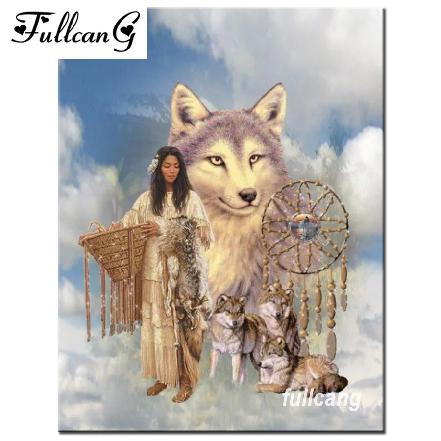 

FULLCANG indians and wolf diamond needlework diy 5d diamond painting cross stitch full square mosaic embroidery kits F469