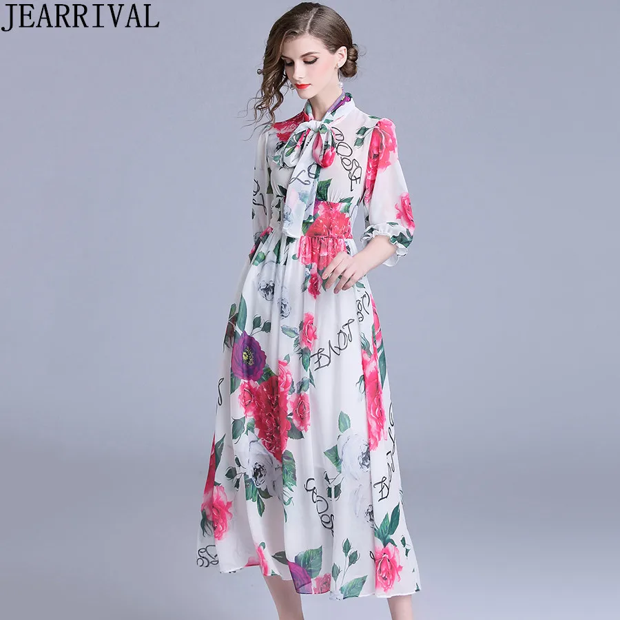 2018 New Women's Casual Chiffon Maxi Dress Elegant Bow Collar Ball Gown ...