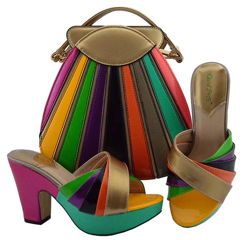 

Gold colorful leather shoes and bag to match women slippers shoes and bag colorful shoes matching bag italian designs SB8275-4