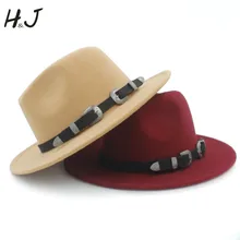 Шерсть Для женщин Для мужчин шляпа с широкими полями шерсть Outback фетровая шляпа в стиле джаз шляпа с модная лента церкви Крестный отец шляпы сомбреро Размеры окружности головы 56-58 S20