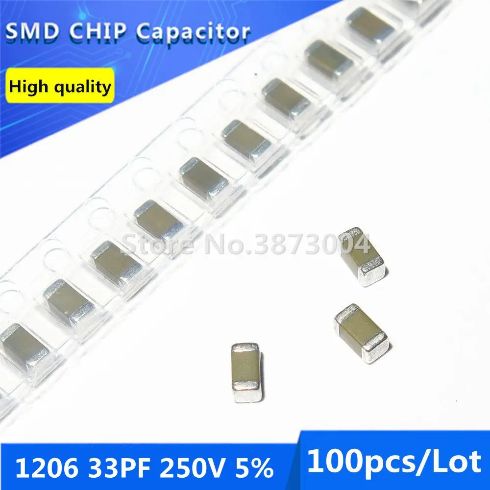 

100pcs 1206 33PF 250V 5% Thick Film Chip Multilayer Ceramic Capacitor