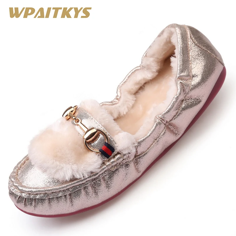 

Hairy Keep Warm Women Shoes Exquisite Golden Silver Black Flat Fashion Fluff Metal Decoration Large Size Casual Shoes Women