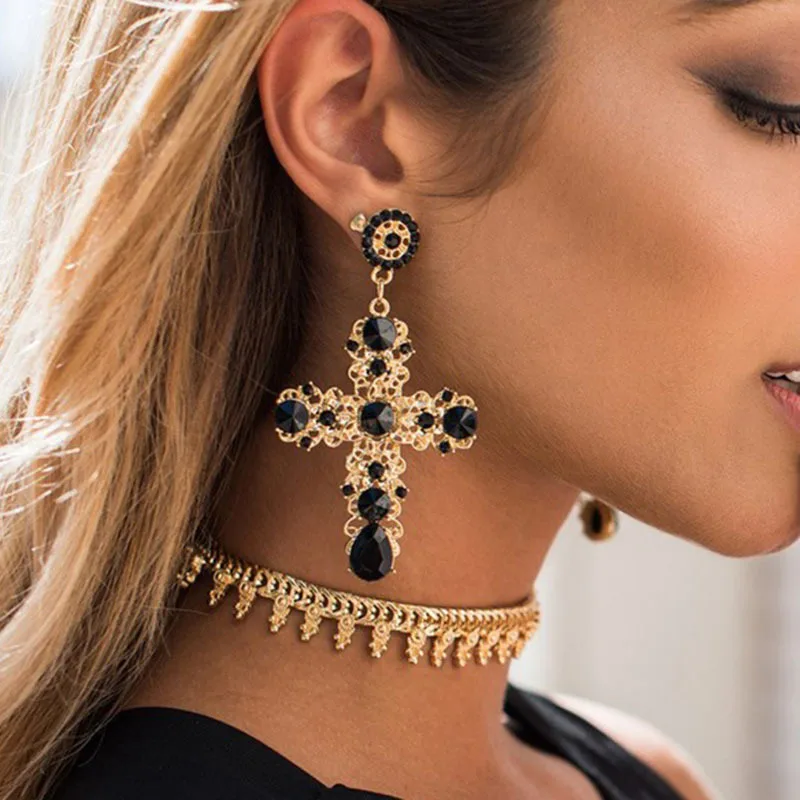 

New Arrival Vintage Black Crystal Rhinestone Cross Drop Earrings for Women Baroque Bohemian Large Long Earrings Jewelry Brincos