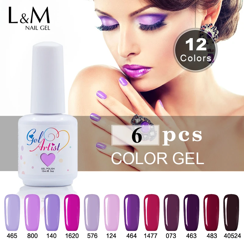 

6 Pcs Gelartist Purple Color 15ml Nails Colorful Gel Polish Top Base Coat Artist Led Uv Gel Varnish Nail Gelpolish