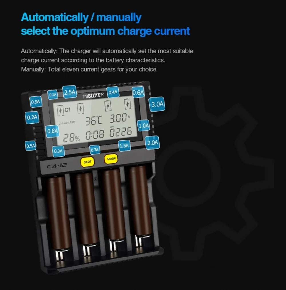 12v lithium ion battery charger Miboxer C4-12 Smart Battery 18650 265650 Charger 4-Slot LCD Screen 3.0A/slot total 12A  for Li-ion/IMR/INR/ICR/Ni PK VP4 PLUS magnetic charger for smart watch