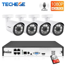 Techege H.265 4CH 1080 P CCTV Камера Системы 4 шт 2mp Водонепроницаемый комплект видеонаблюдения PoE 48 V комплект камер видеонаблюдения обнаружения движения