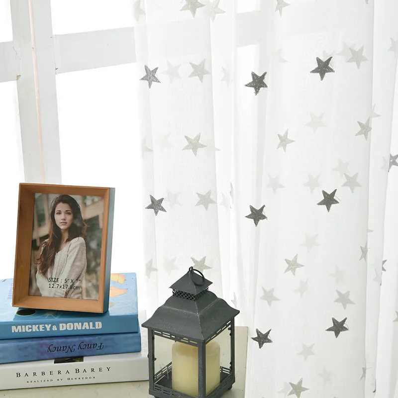 Современные белые прозрачные Занавески с вышивкой в виде звезд для гостиной, спальни, кухни, тюлевые занавески, Детские занавески для дверей и окон в комнате - Цвет: Grey Stars
