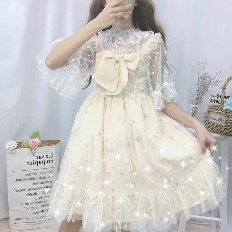 

Japanese sweet lolita dress vintage lace big bowknot fly sleeve dream star victorian dress kawaii girl gothic lolita jsk loli