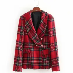 Осень 2018 г. Винтаж для женщин Красная клетка плед кисточкой блейзер с надрезом мягкие шерстяные карманы бахромой одноцветное пальто