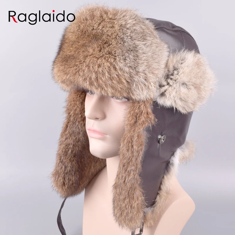 

Raglaido Furs russia Bomber Hats for men with Ear flaps Adjustable Ushanka Winter Snow Rabbit Black Leather Hat 56-59cm LQ11203