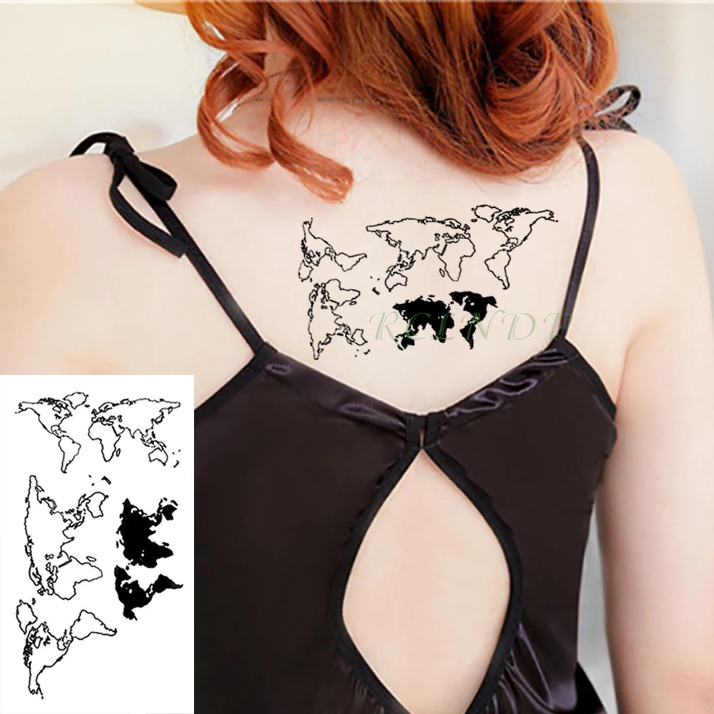 

Waterproof Temporary Tattoo Stickers Map of the world fake Tatto Flash Tatoo Tatouage Body Art Hand Back Foot for Girl Women Men