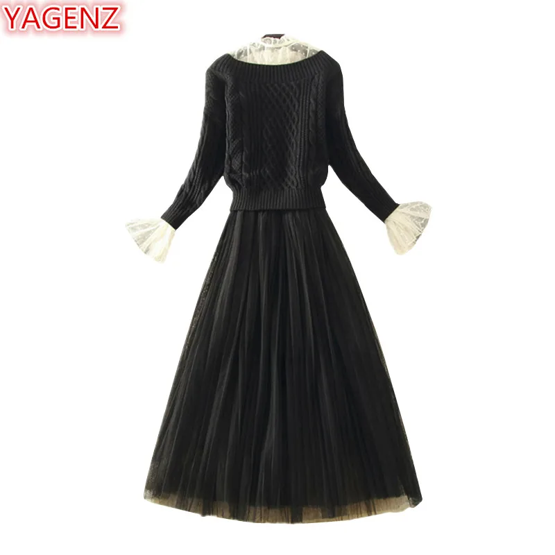 

YAGENZ Spring Autumn Women Dress Set Two Piece Set O-Neck Lace stitching Long-sleeved Pullover Women Knit Sweater Tops+Dress 846
