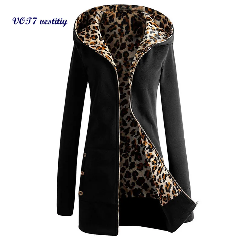 

2019 New Warm and fashion women coat VOT7 vestitiy Women Plus Velvet Thickened Hooded Sweater Leopard Zipper Coat #28